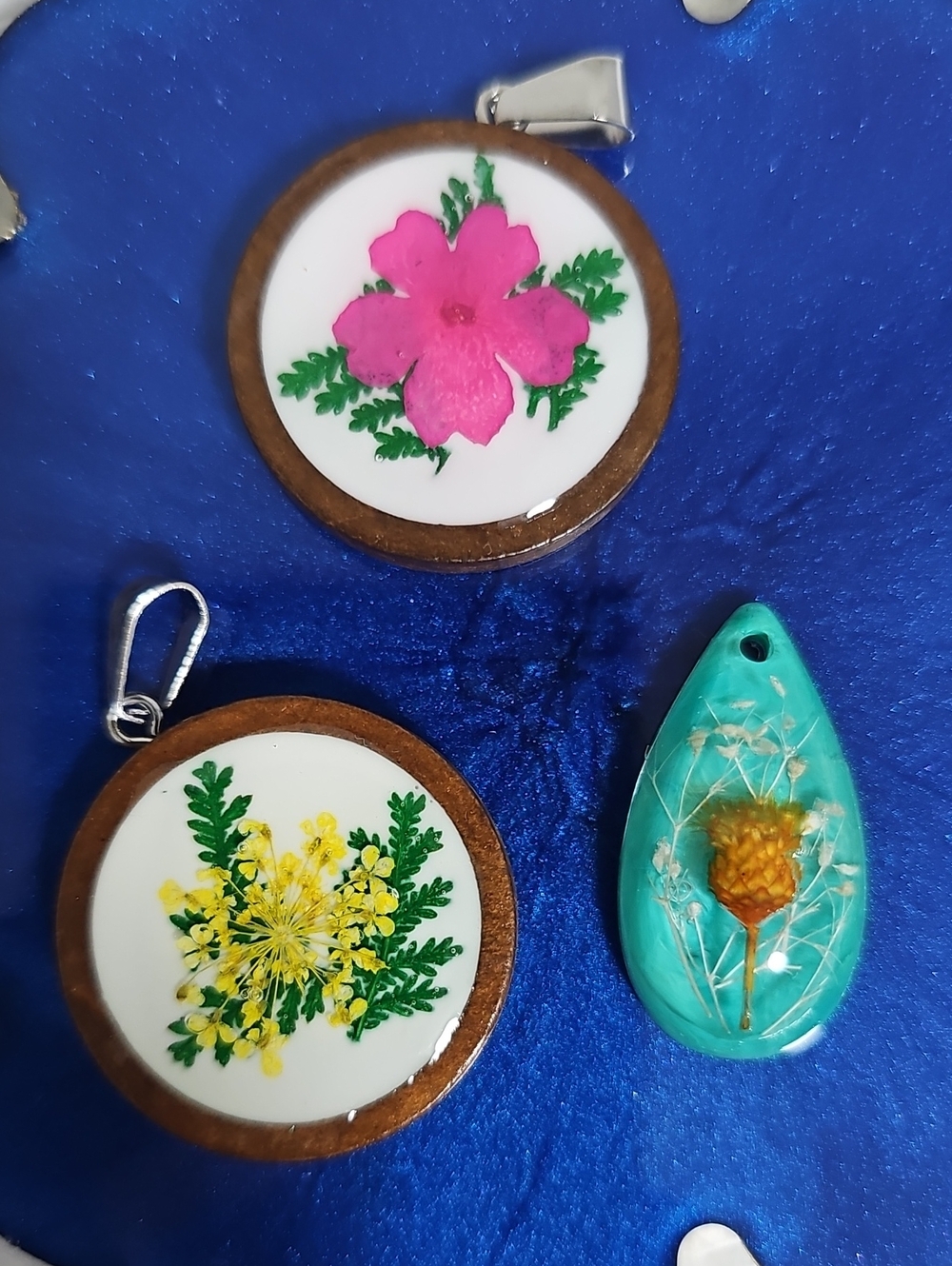 Floral Resin Wooden Pendant Trio- Pink, Yellow, Turquoise